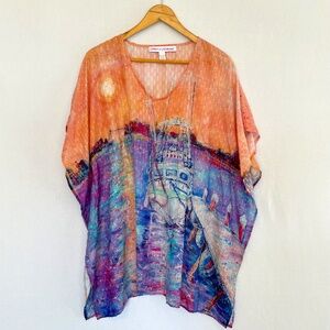 LEOMA LOVEGROVE Women's Small Beach Swim Cover Up Fishing Boat Vibrant Sunset